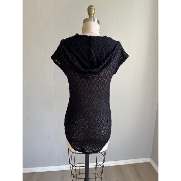 Vintage Y2K Black Sheer Stretchy Hoodie Top Medium Whimsigoth Mesh Gauzy Witchy - Picture 6 of 16